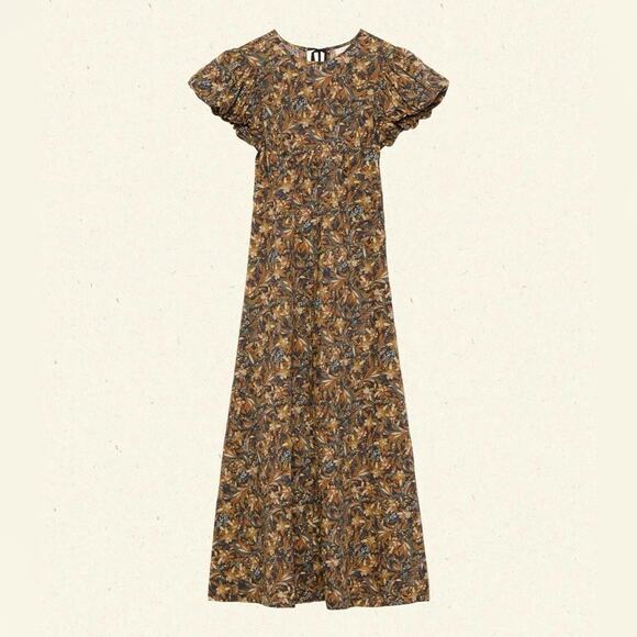Doen Rhodia Cotton Crew Neck Short Puff Sleeve Maxi Dress Noir Narcissus Floral - Picture 13 of 13